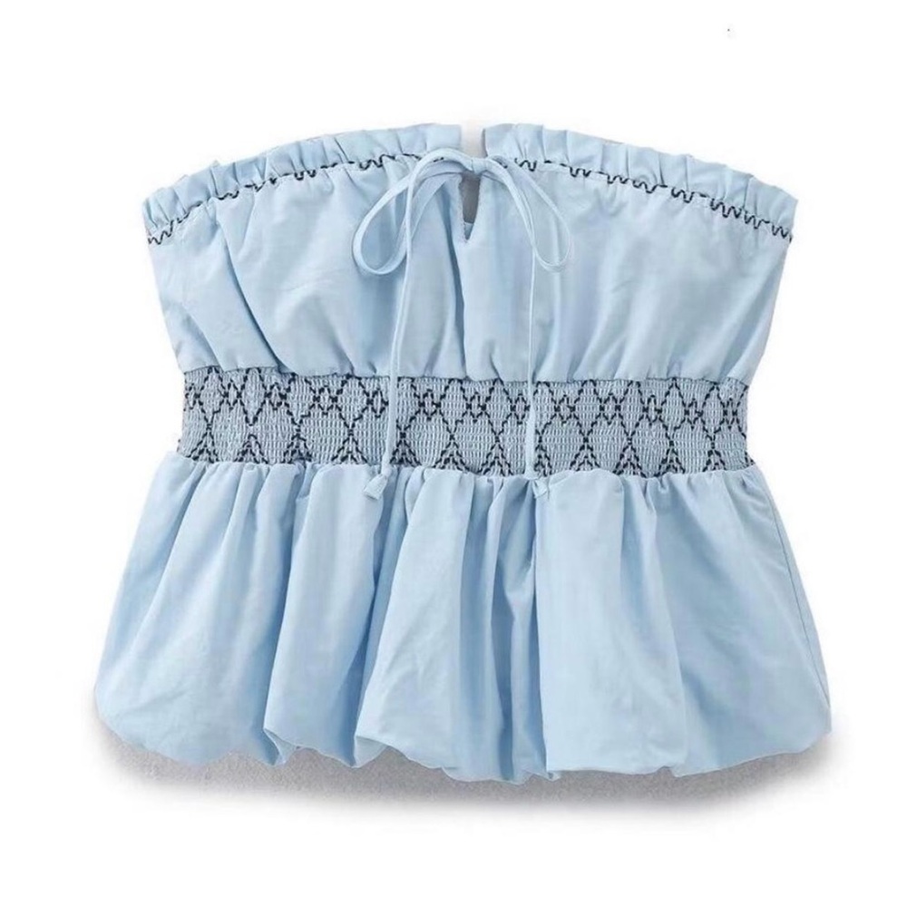 Zara Light Blue Strapless Top with Smocked Detail